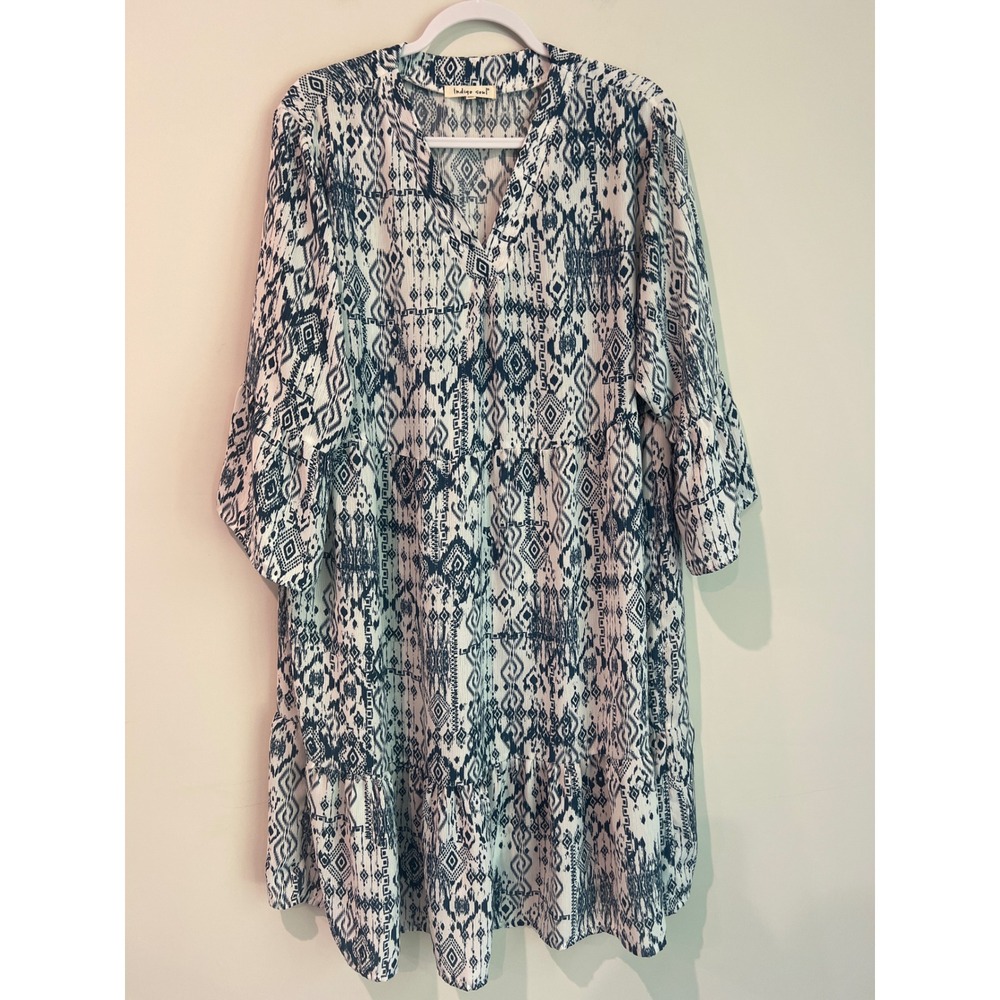 Indigo Soul Womens 2XL Blue White Ikat Geometric Tiered Bell Sleeve Shift Dress